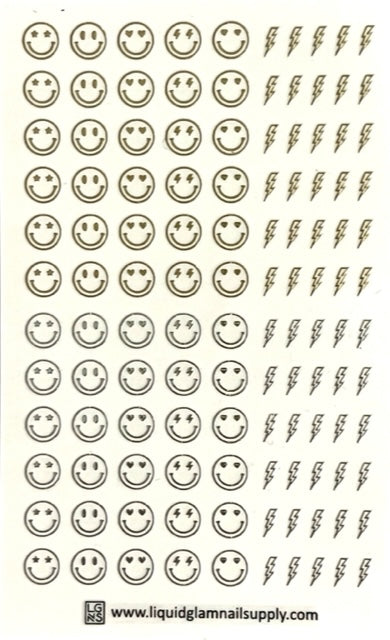 Happy Smiley Faces & Lightning Bolts Sticker Sheet/Gold & Silver Metallic